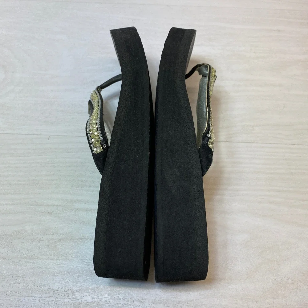 Skechers Womens 9 Platform Flip Flops Yoga Foam Rhinestone Black Wedge Sandals